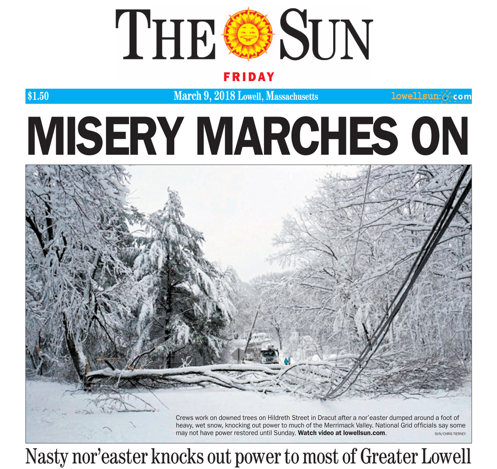 Front page photo of The Sun News after devastating storm