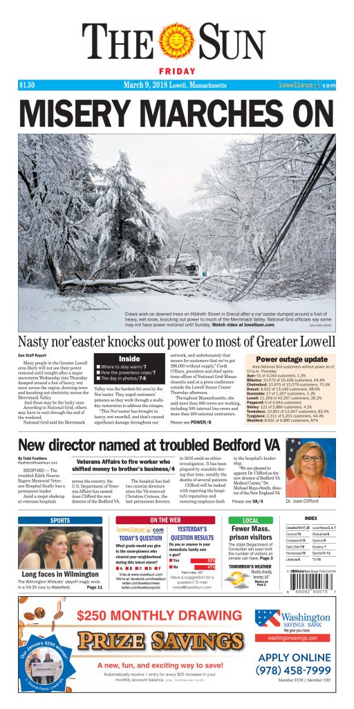 Newspaper front page photo of devastating storm.